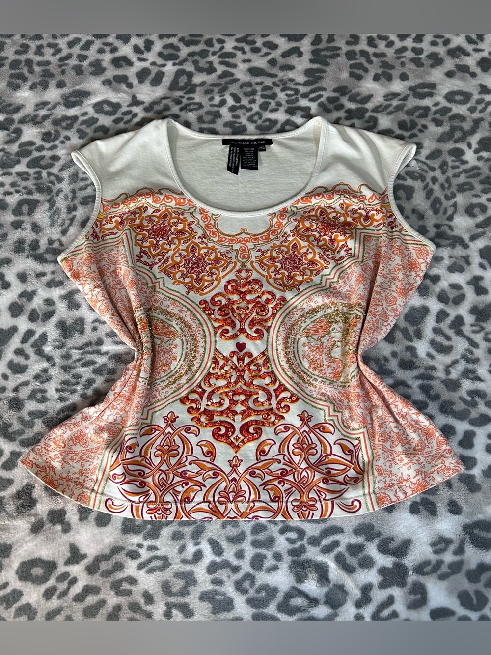 Michelle Nicole Paisley Short Sleeve Embellished Top in White & Pink XL Like New